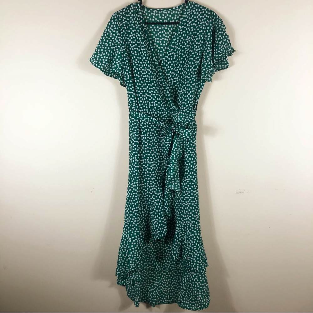 NWT Boho Green Floral V-Neck Ruffle Maxi Dress - Picture 4 of 13